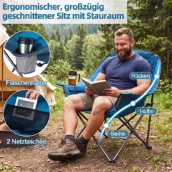 Campingstuhl Faltbar Gepolsterter Klappstuhl mit Getränkehalter Blastbar bis 225 kg Blau/Grau