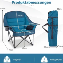 Campingstuhl Faltbar Gepolsterter Klappstuhl mit Getränkehalter Blastbar bis 225 kg Blau/Grau