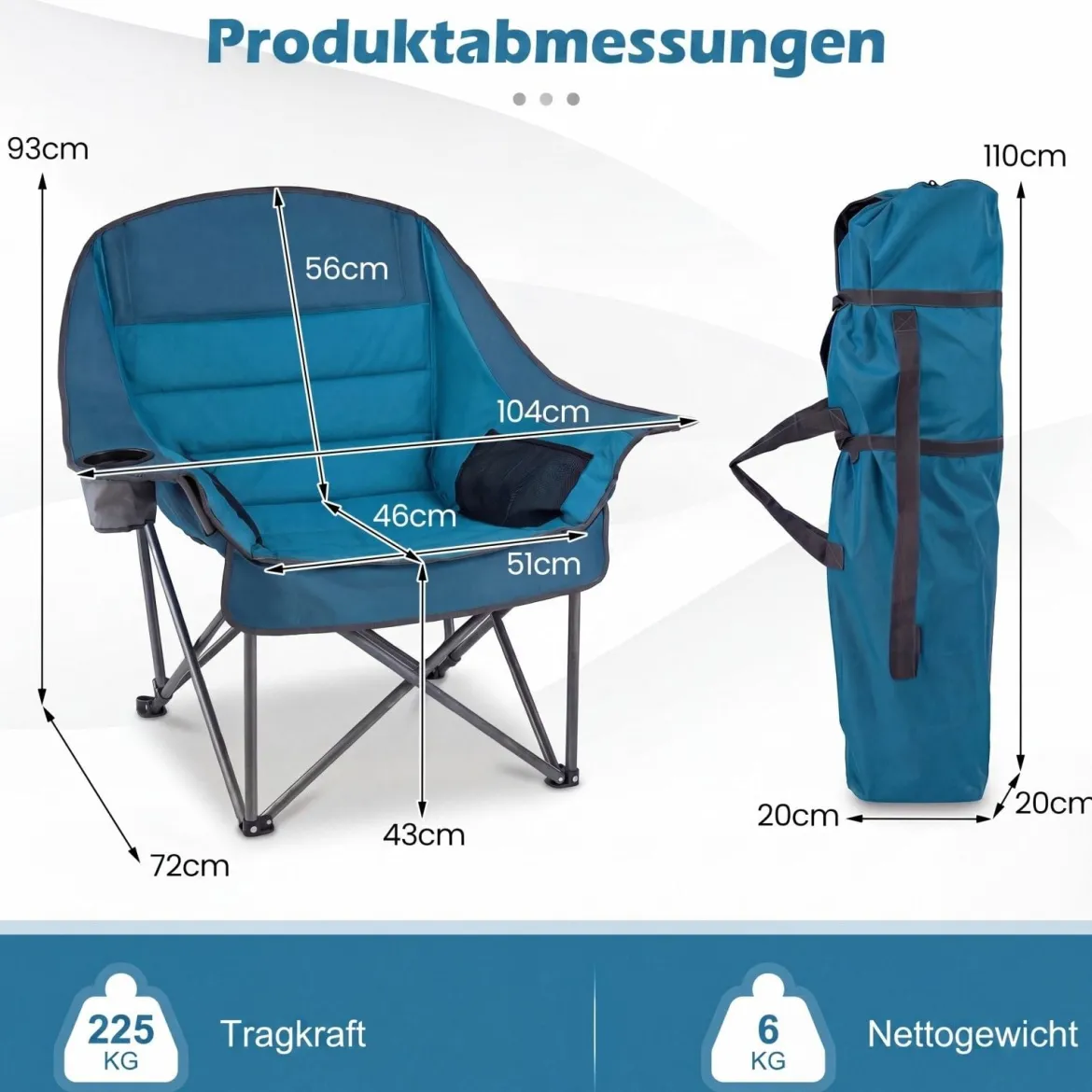Campingstuhl Faltbar Gepolsterter Klappstuhl mit Getränkehalter Blastbar bis 225 kg Blau/Grau