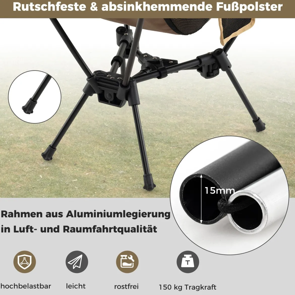 Campingstuhl faltbar ultraleichter Klappstuhl mit Seitentasche klappbarer Angelstuhl 150 kg Tragfähigkeit