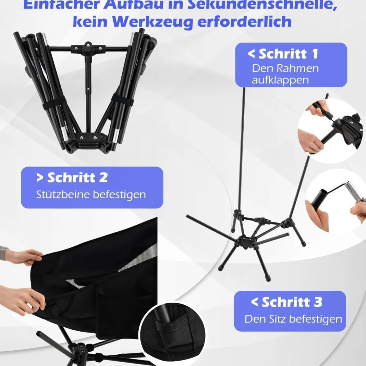 Campingstuhl faltbar ultraleichter Klappstuhl mit hoher Rückenlehne Kopfstützen & Seitentasche Schwarz