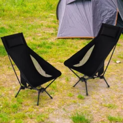 Campingstuhl faltbar ultraleichter Klappstuhl mit hoher Rückenlehne Kopfstützen & Seitentasche Schwarz