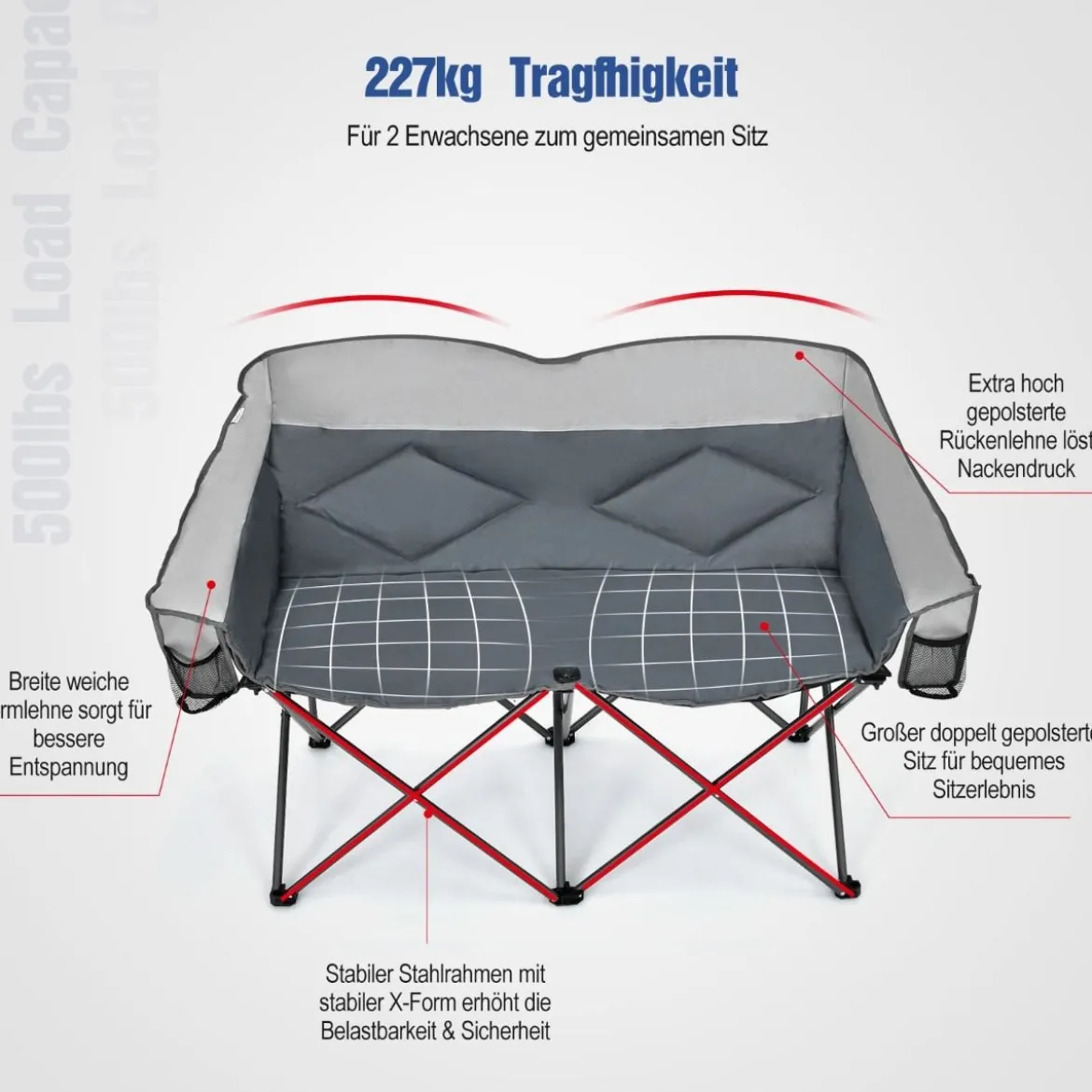 Campingstuhl für 2 Personen Klappstuhl mit 2 Sitzen 152 x 72 x 98 cm Grau