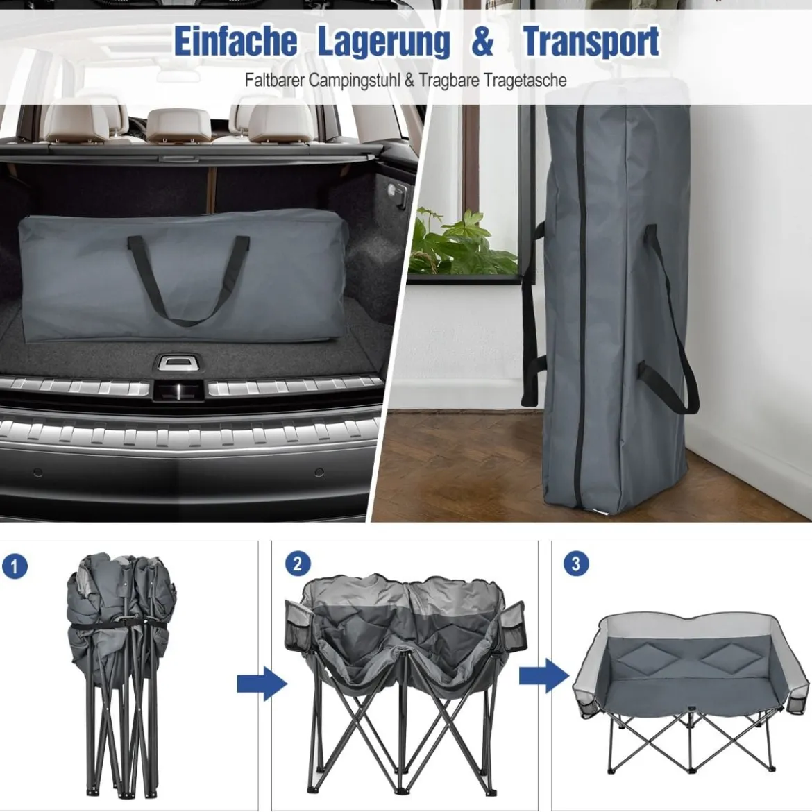 Campingstuhl für 2 Personen Klappstuhl mit 2 Sitzen 152 x 72 x 98 cm Grau