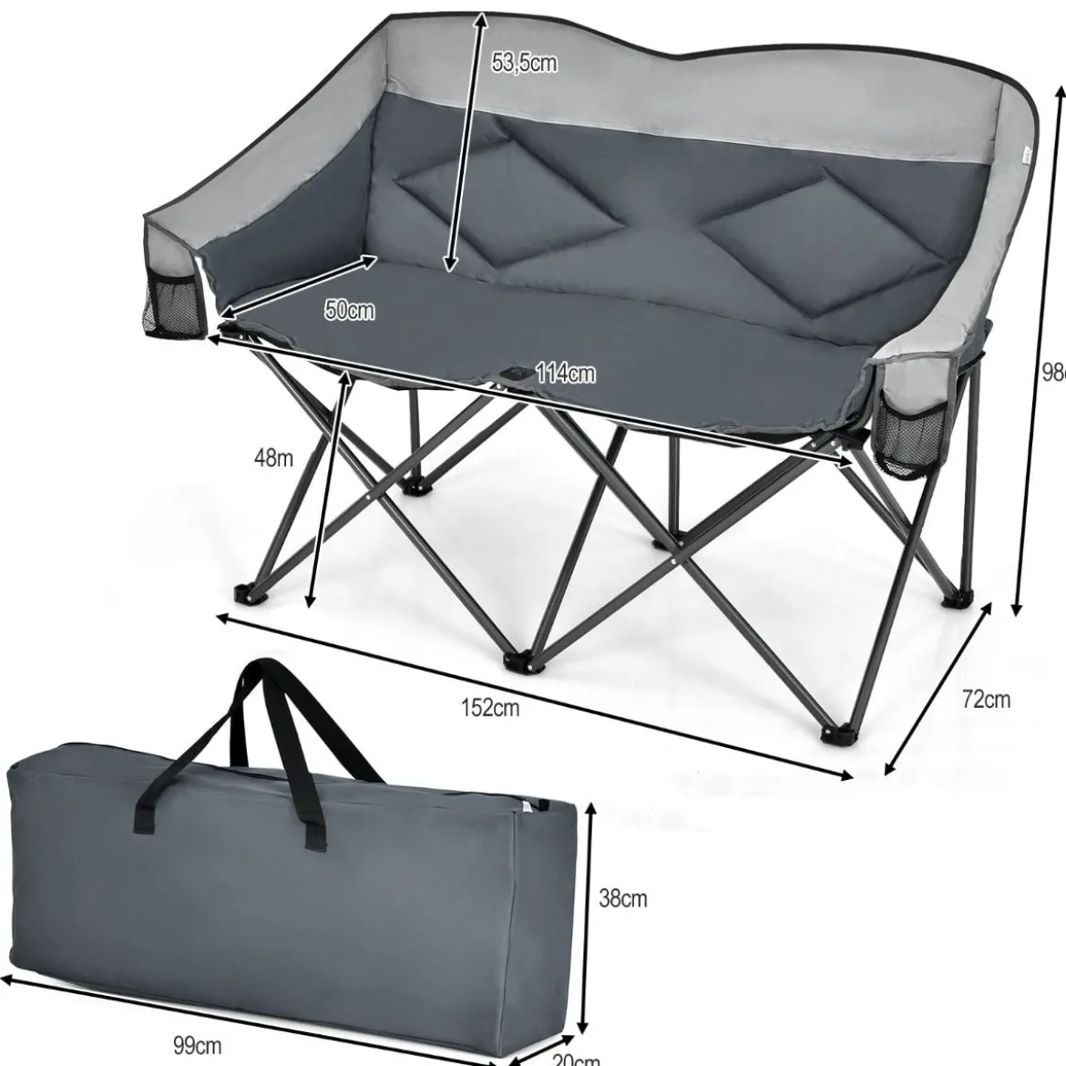 Campingstuhl für 2 Personen Klappstuhl mit 2 Sitzen 152 x 72 x 98 cm Grau