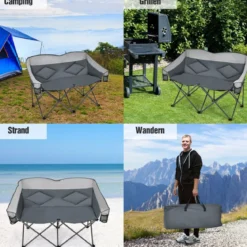 Campingstuhl für 2 Personen Klappstuhl mit 2 Sitzen 152 x 72 x 98 cm Grau