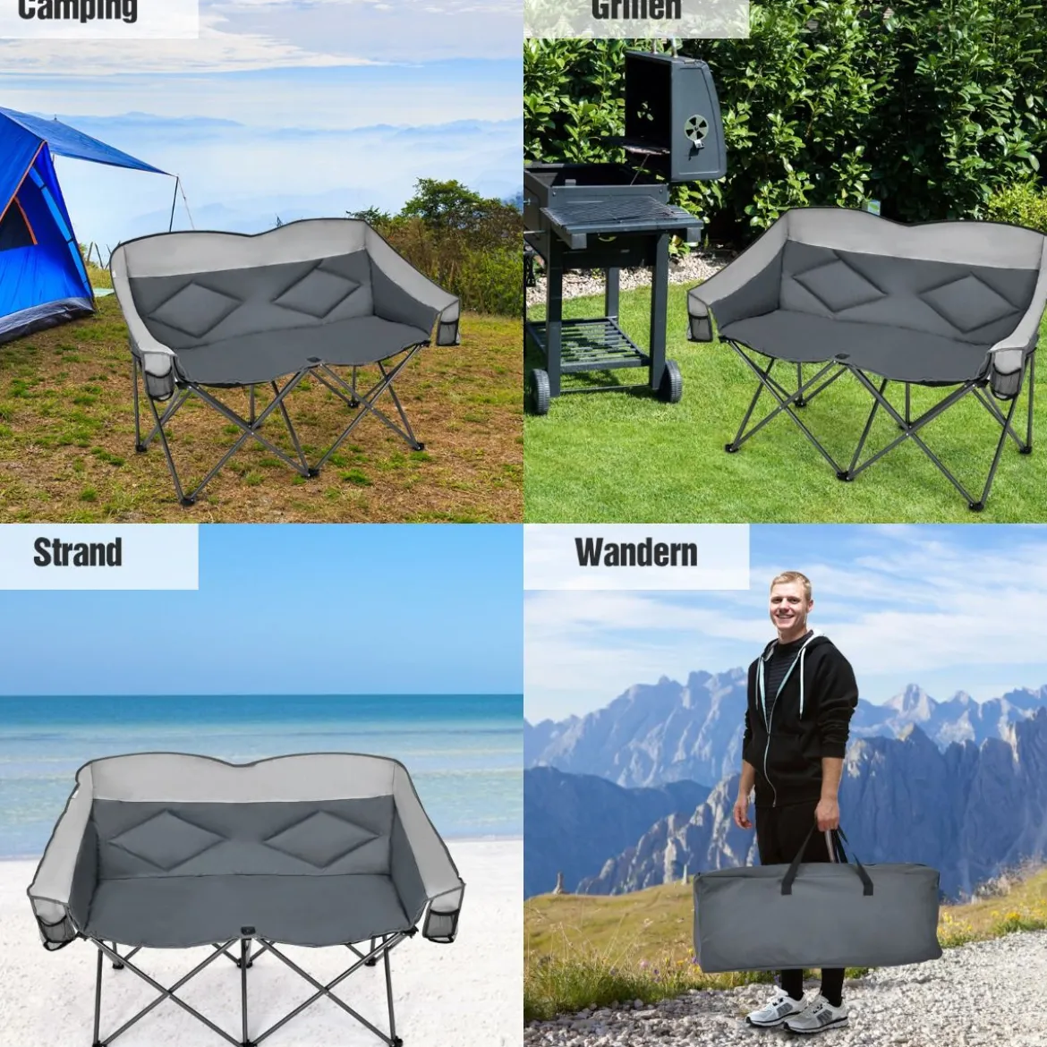 Campingstuhl für 2 Personen Klappstuhl mit 2 Sitzen 152 x 72 x 98 cm Grau