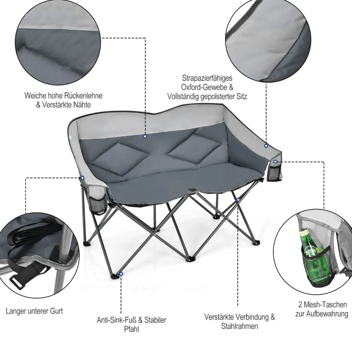 Campingstuhl für 2 Personen Klappstuhl mit 2 Sitzen 152 x 72 x 98 cm Grau