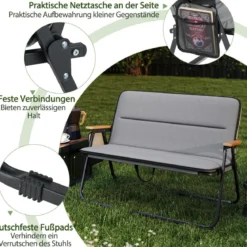Campingstuhl für 2 Personen Klappstuhl mit abnehmbarem Kissen Seitentasche und Armlehnen Grau