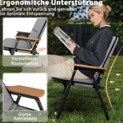 Campingstuhl für 2 Personen Klappstuhl mit abnehmbarem Kissen Seitentasche und Armlehnen Grau