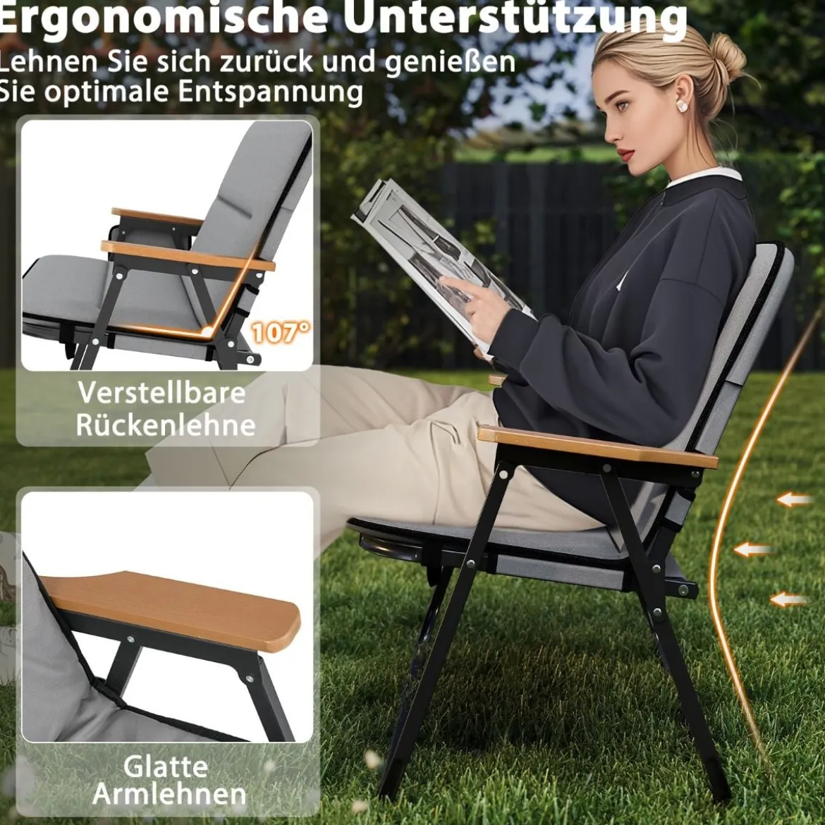 Campingstuhl für 2 Personen Klappstuhl mit abnehmbarem Kissen Seitentasche und Armlehnen Grau