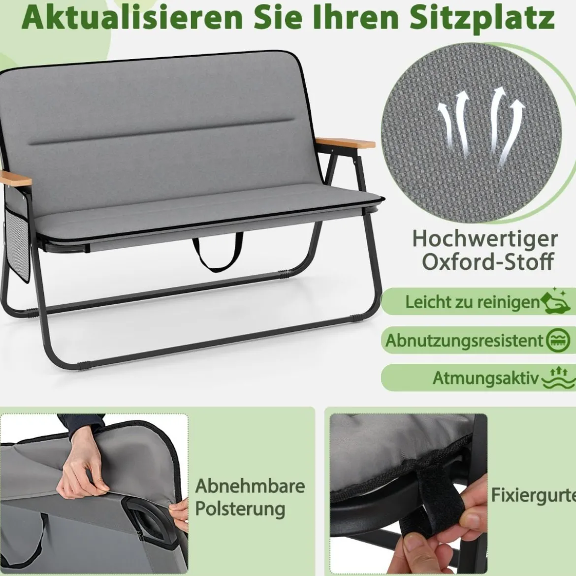 Campingstuhl für 2 Personen Klappstuhl mit abnehmbarem Kissen Seitentasche und Armlehnen Grau