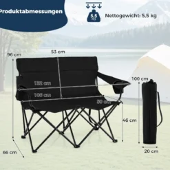 Campingstuhl für 2 Personen Klappstuhl mit Getränkehaltern & Armlehnen & Tragetasche