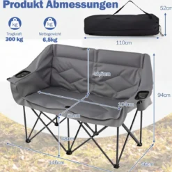 Campingstuhl für 2 Personen XXL Campingsofa mit Getränkehaltern & Netztaschen Klappstuhl Grau