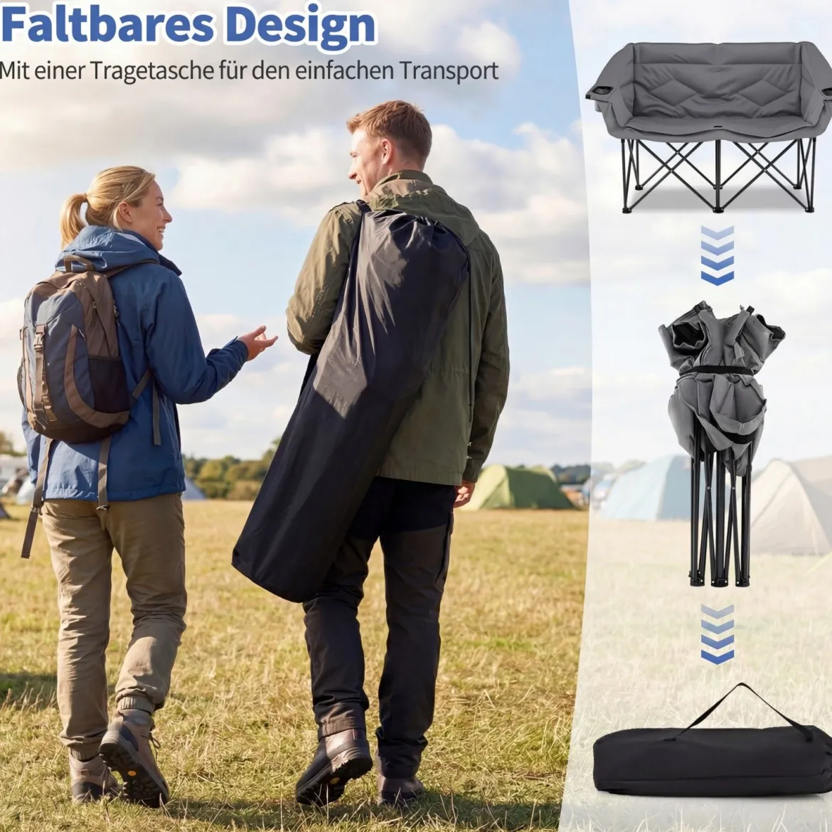 Campingstuhl für 2 Personen XXL Campingsofa mit Getränkehaltern & Netztaschen Klappstuhl Grau