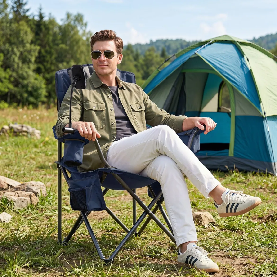 Campingstuhl Klappbar Tragbarer Angelstuhl mit Kühltasche bis 200 kg Belastbar Blau