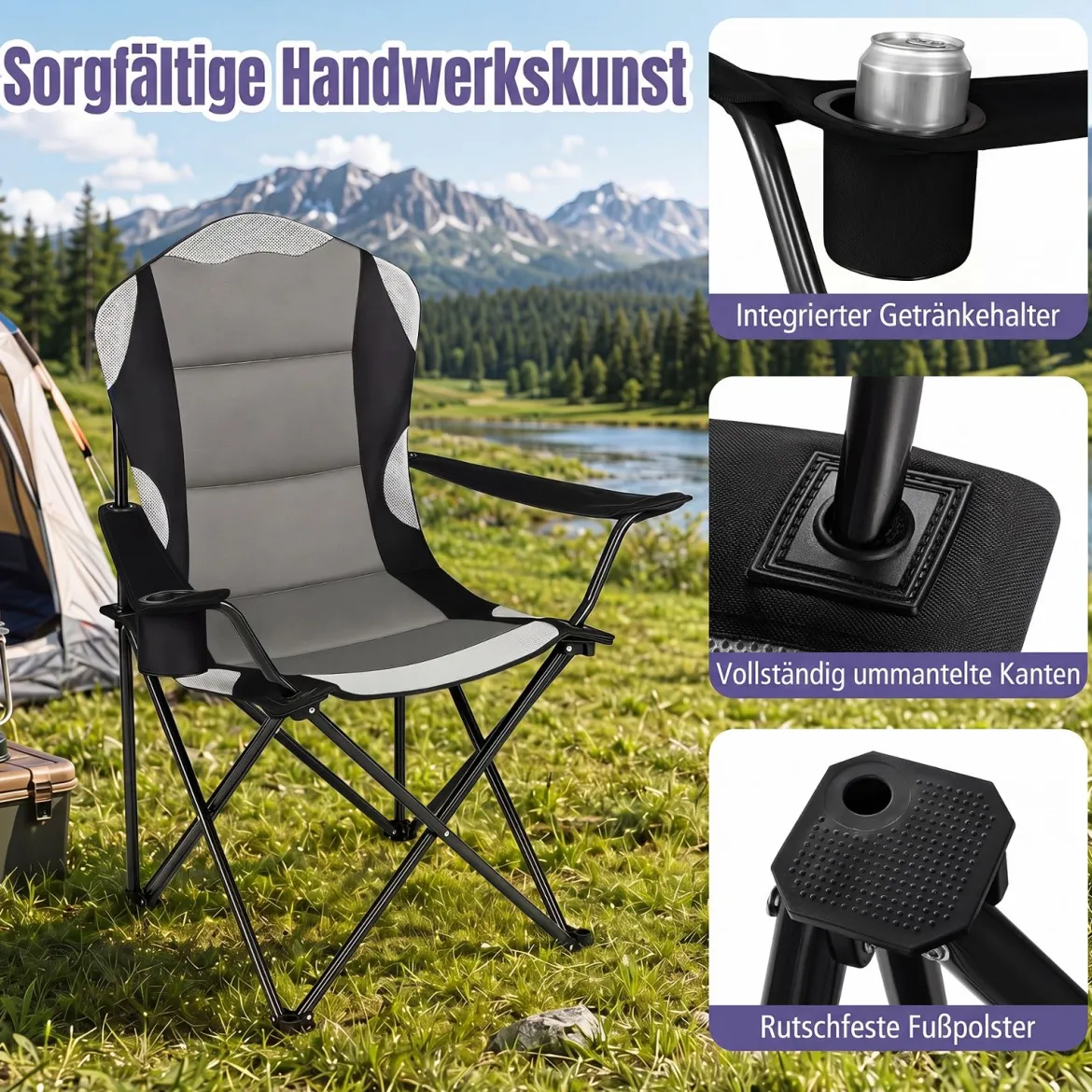 Campingstuhl Klappbar tragbarer Angelstuhl mit Getränkehalter Rutschfesten Füßen Schwarz