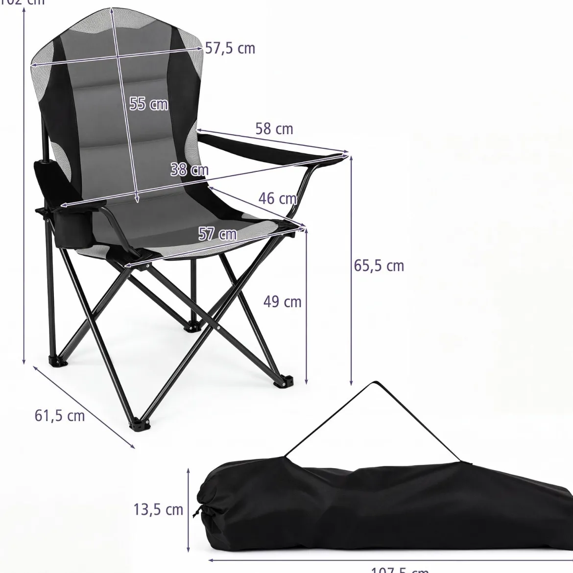 Campingstuhl Klappbar tragbarer Angelstuhl mit Getränkehalter Rutschfesten Füßen Schwarz
