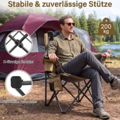 Campingstuhl Klappbar Tragbarer Angelstuhl mit Kühltasche Getränkehalter & Seitentasche bis 200 kg Belastbar