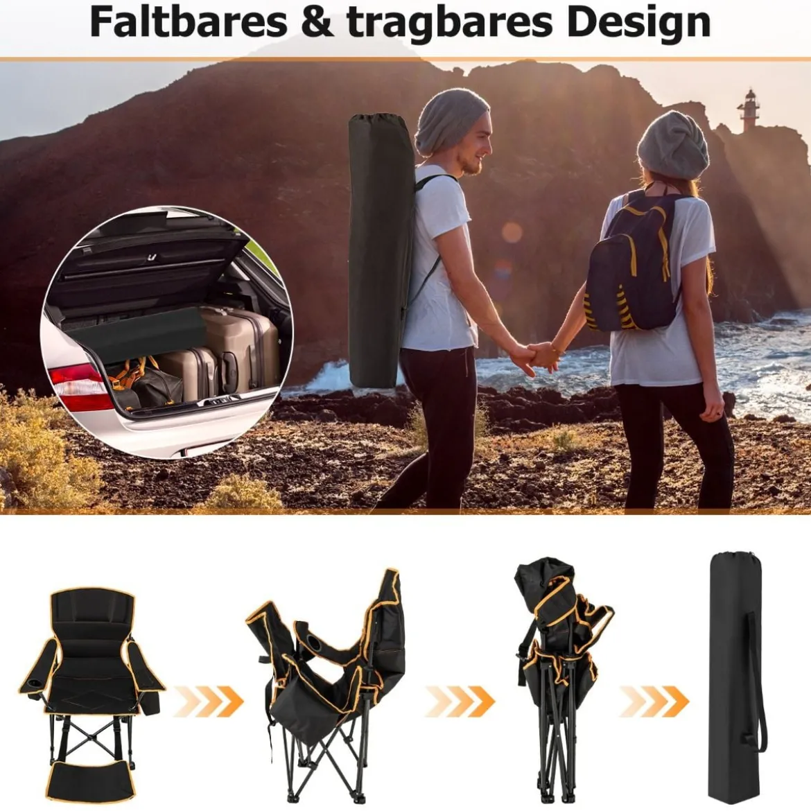 Campingstuhl mit Abnehmbarer Fußablage & Getränkehalter & Kühltasche Klappbarer Angelstuhl