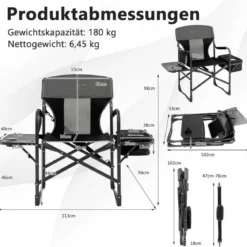 Campingstuhl mit Seitentisch Kühltasche & Aufbewahrungstasche 113 x 56 x 98 cm Schwarz