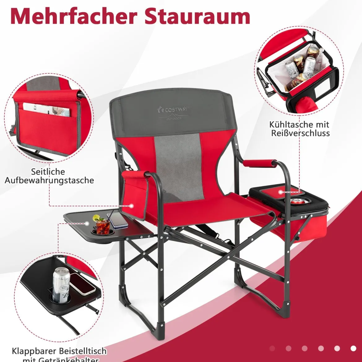Campingstuhl mit Seitentisch & Kühltasche & Aufbewahrungstasche Klappbarer Angelstuhl Rot