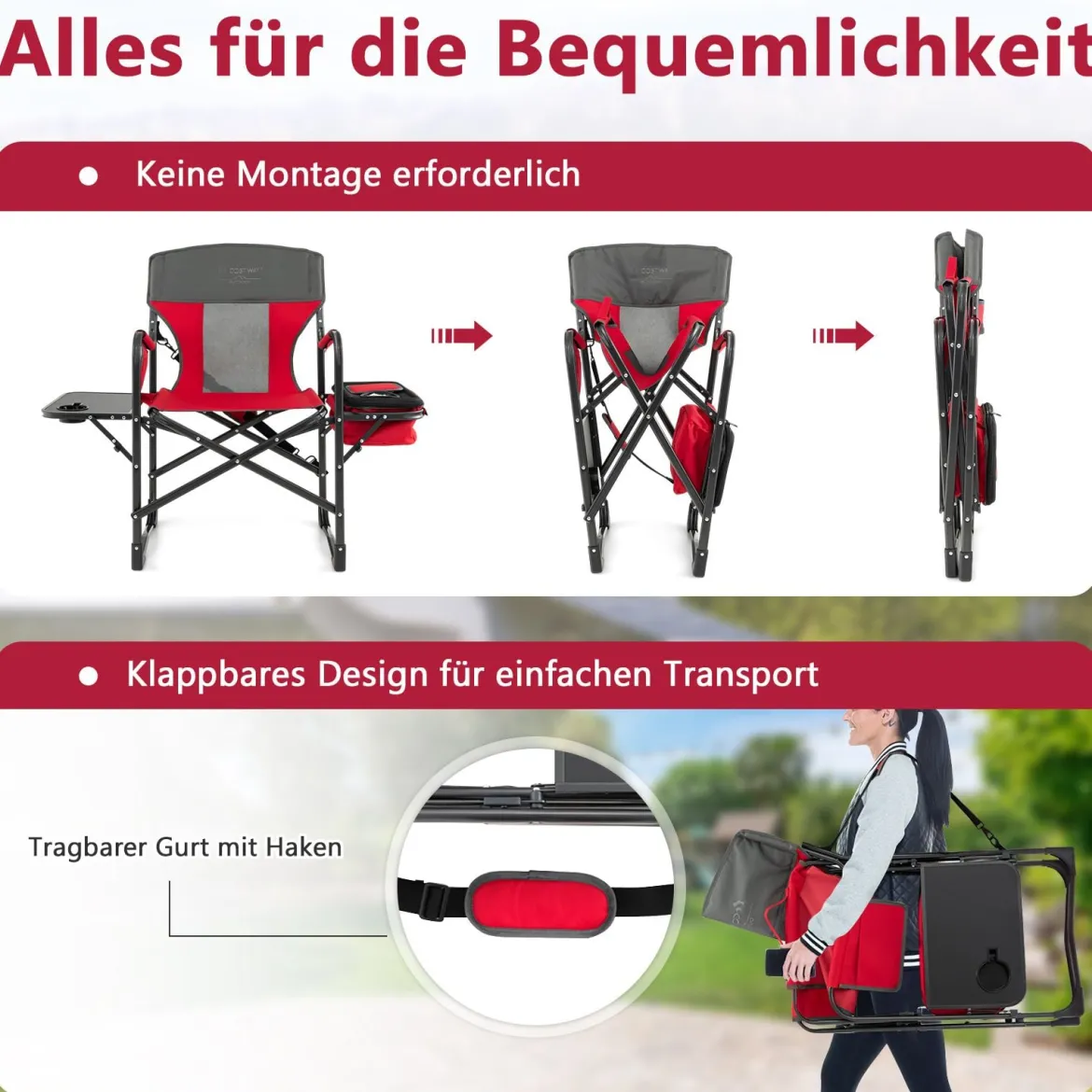 Campingstuhl mit Seitentisch & Kühltasche & Aufbewahrungstasche Klappbarer Angelstuhl Rot