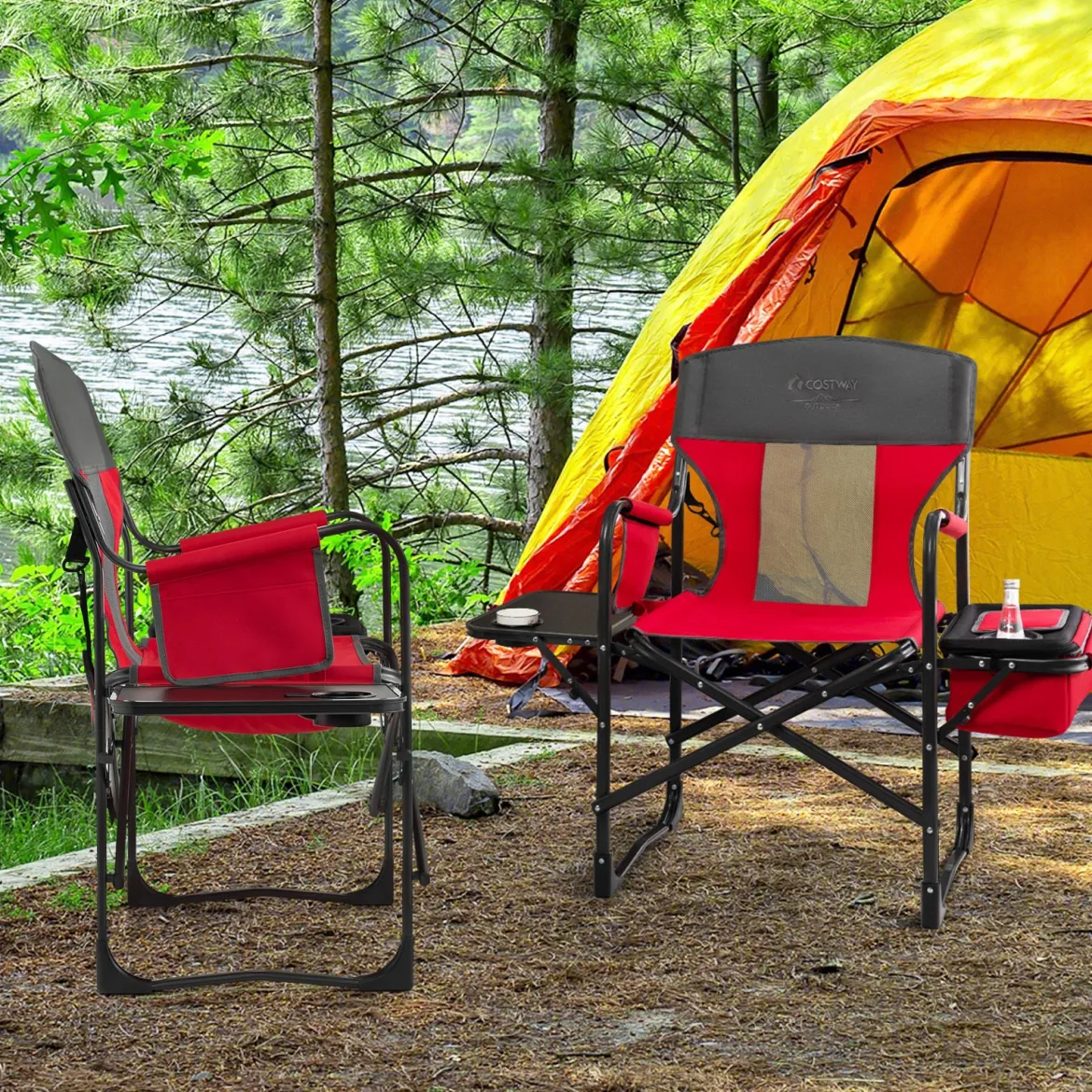 Campingstuhl mit Seitentisch & Kühltasche & Aufbewahrungstasche Klappbarer Angelstuhl Rot