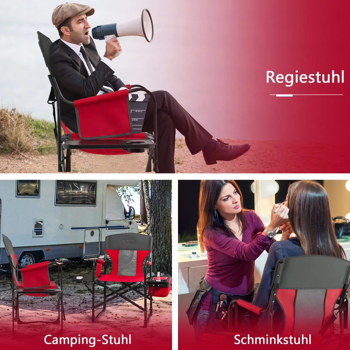 Campingstuhl mit Seitentisch & Kühltasche & Aufbewahrungstasche Klappbarer Angelstuhl Rot