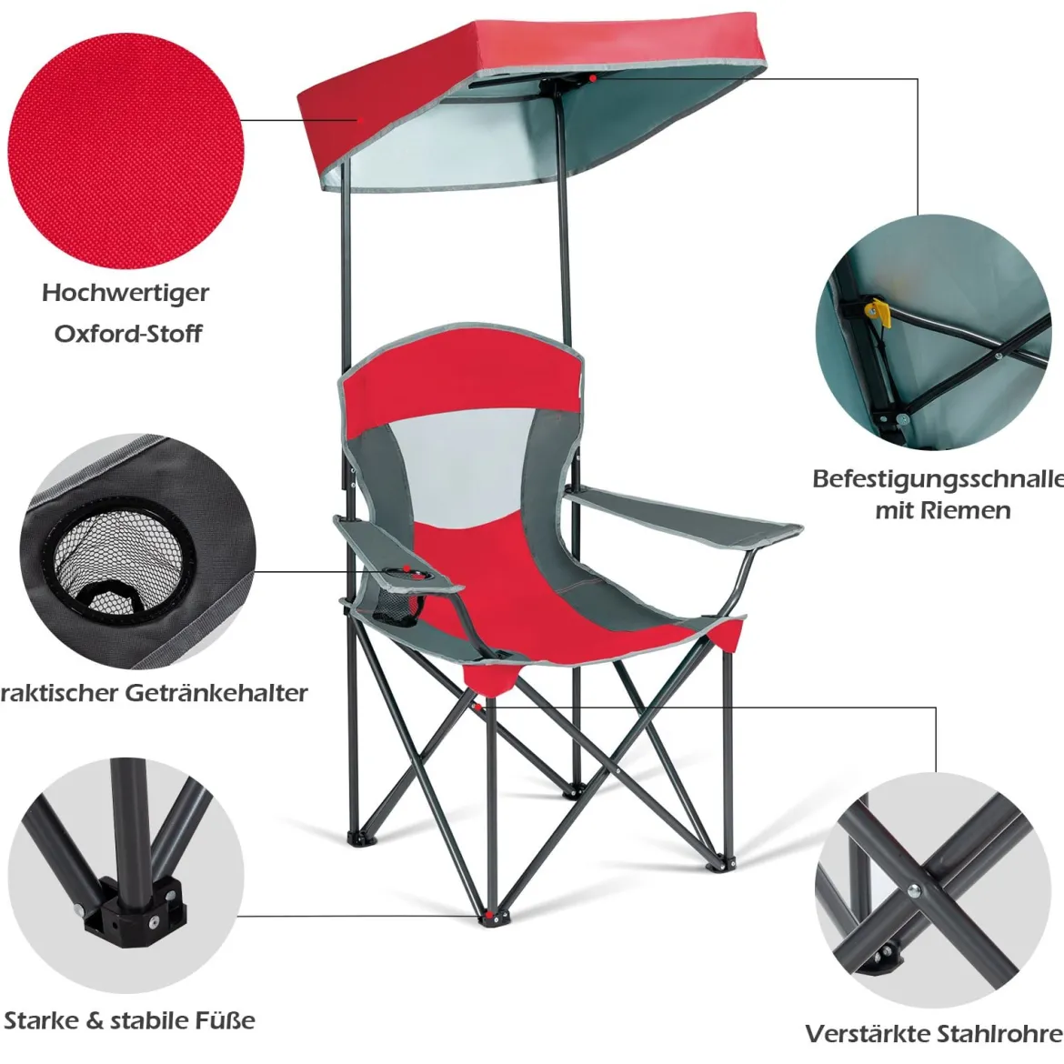 Campingstuhl mit Sonnendach Outdoor-Stuhl Klappstühle mit Sonnenschirm 90 x 72 x 150 cm Rot