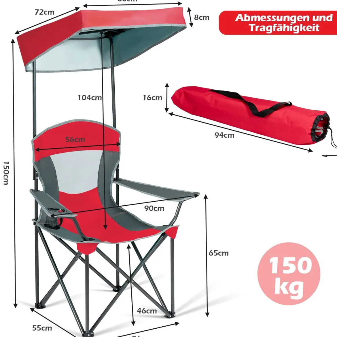 Campingstuhl mit Sonnendach Outdoor-Stuhl Klappstühle mit Sonnenschirm 90 x 72 x 150 cm Rot