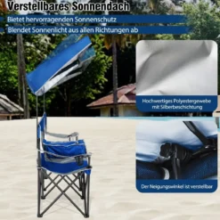 Campingstuhl mit Verstellbarem Sonnenschutz Klappstuhl mit Kühltasche & Becherhalter Marineblau