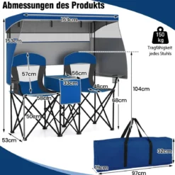 Campingstuhl mit Verstellbarem Sonnenschutz Klappstuhl mit Kühltasche & Becherhalter Marineblau