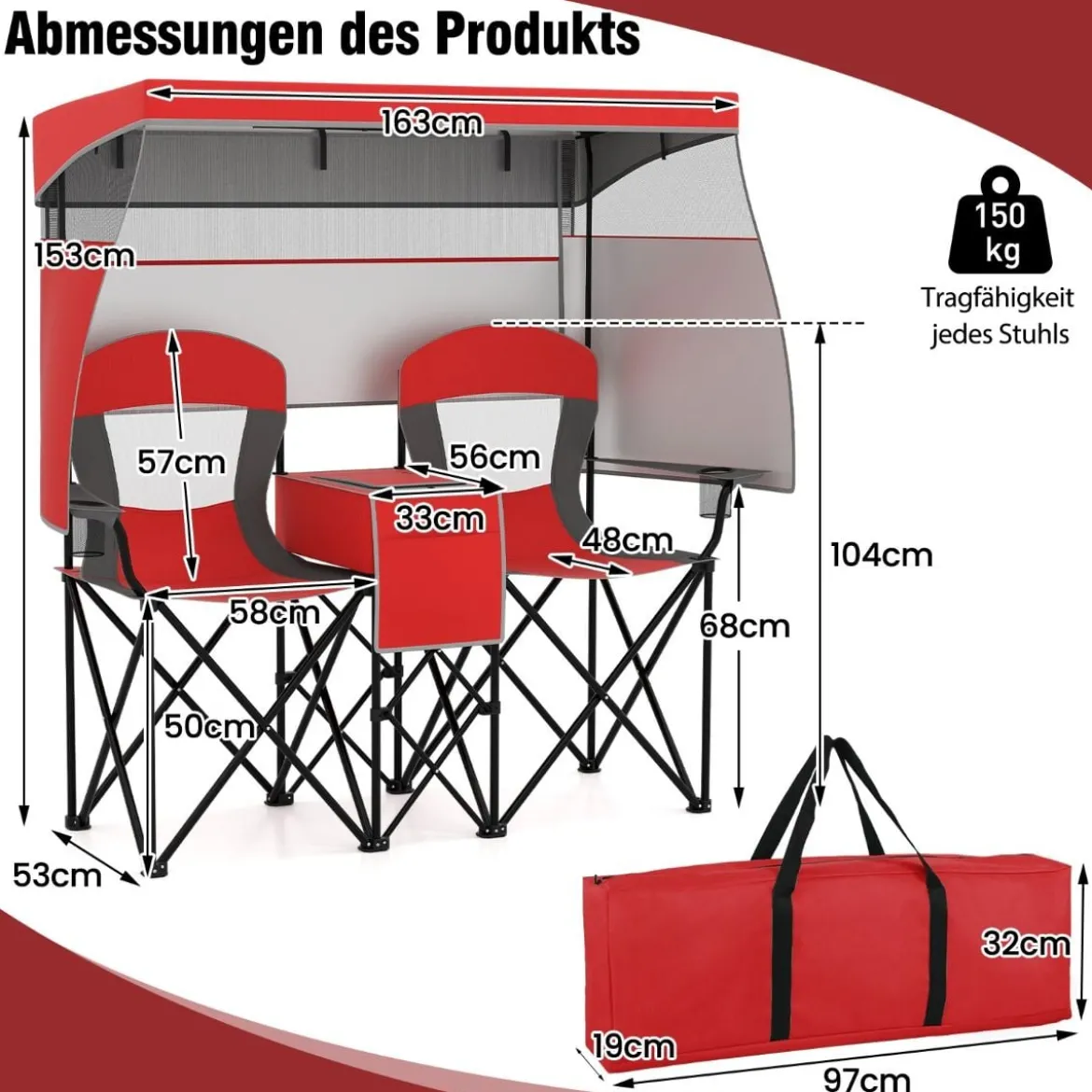 Campingstuhl mit Verstellbarem Sonnenschutz Klappstuhl mit Kühltasche & Becherhalter Rot