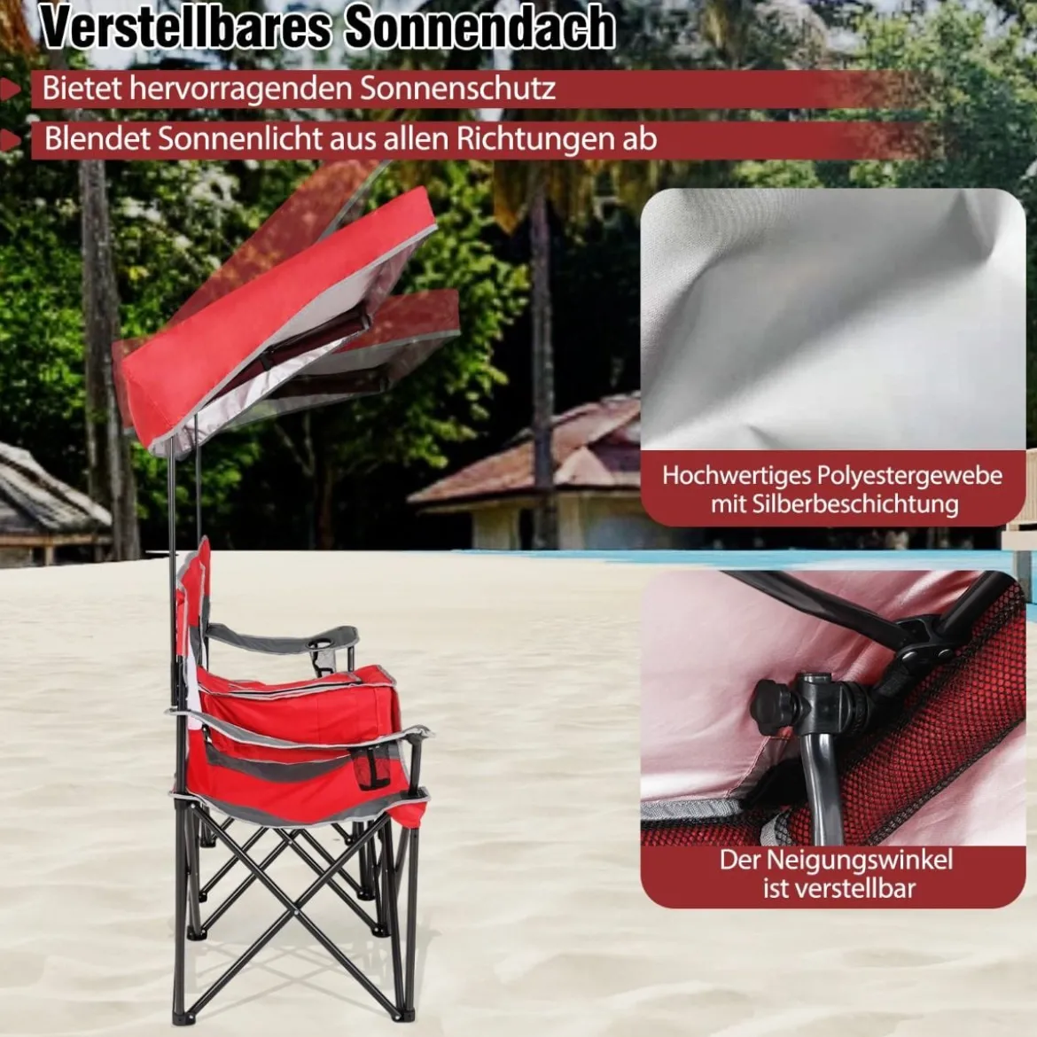 Campingstuhl mit Verstellbarem Sonnenschutz Klappstuhl mit Kühltasche & Becherhalter Rot