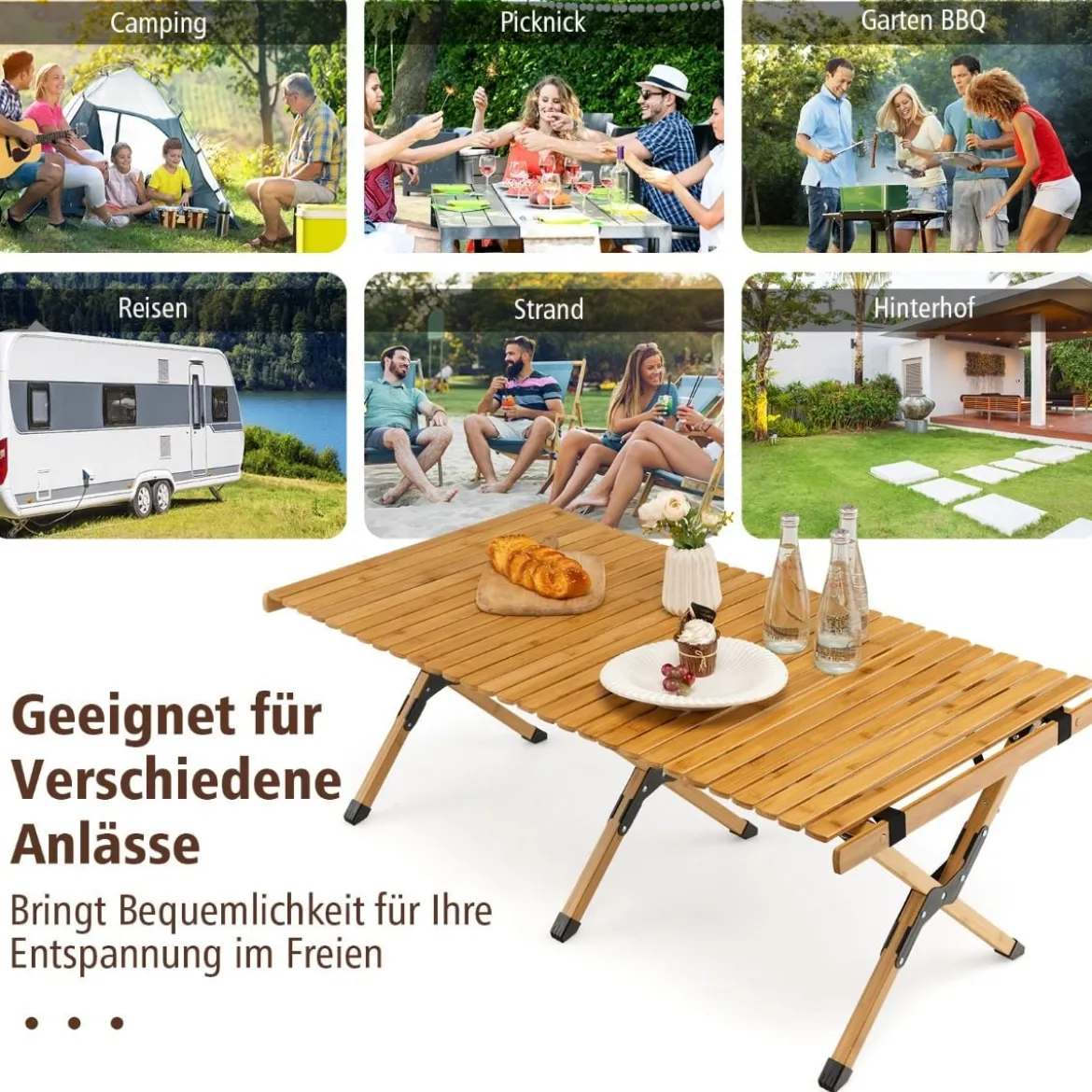 Campingtisch Klappbarer Picknicktisch mit Tragetasche Aufrollbarer Bambustisch 122 x 60 x 43,5 cm Natur
