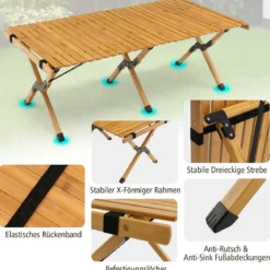 Campingtisch Klappbarer Picknicktisch mit Tragetasche Aufrollbarer Bambustisch 122 x 60 x 43,5 cm Natur