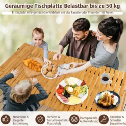 Campingtisch Klappbarer Picknicktisch mit Tragetasche Aufrollbarer Bambustisch 122 x 60 x 43,5 cm Natur