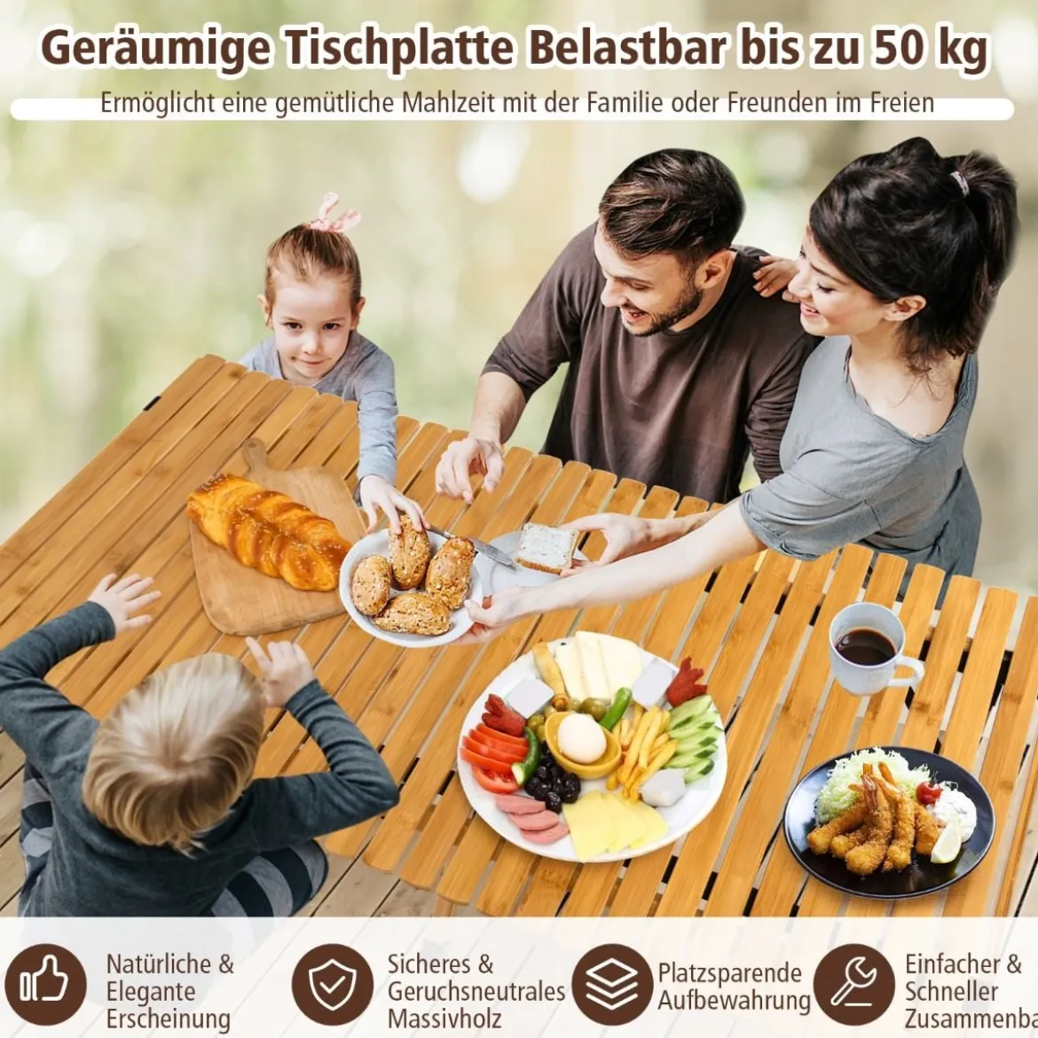 Campingtisch Klappbarer Picknicktisch mit Tragetasche Aufrollbarer Bambustisch 122 x 60 x 43,5 cm Natur
