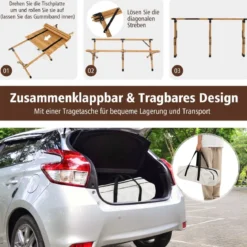 Campingtisch Klappbarer Picknicktisch mit Tragetasche Aufrollbarer Bambustisch 122 x 60 x 43,5 cm Natur
