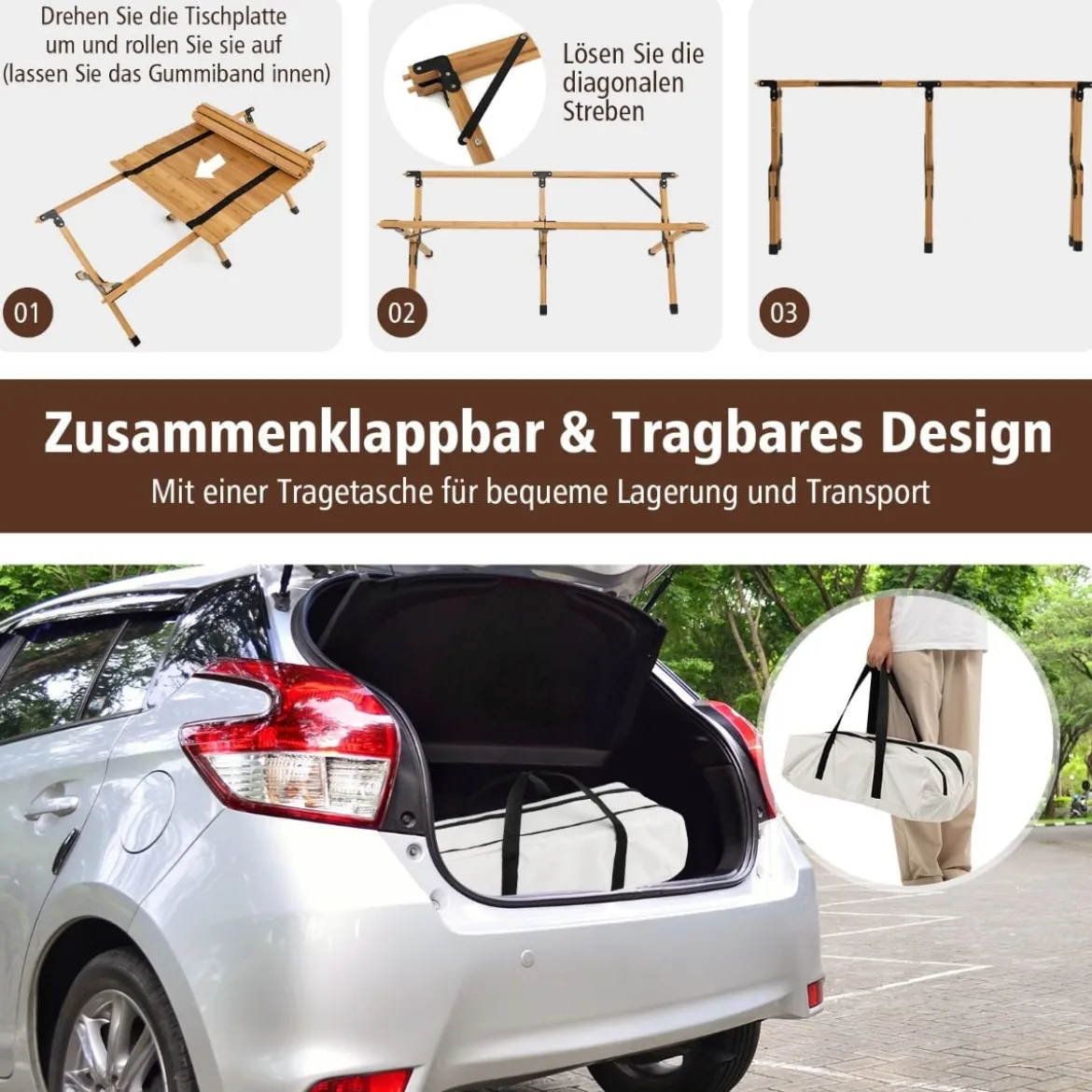 Campingtisch Klappbarer Picknicktisch mit Tragetasche Aufrollbarer Bambustisch 122 x 60 x 43,5 cm Natur