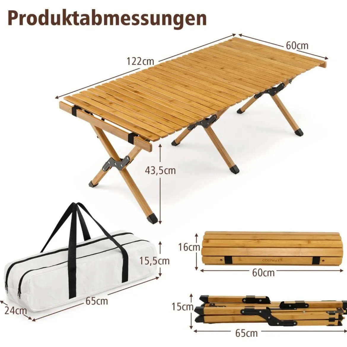 Campingtisch Klappbarer Picknicktisch mit Tragetasche Aufrollbarer Bambustisch 122 x 60 x 43,5 cm Natur