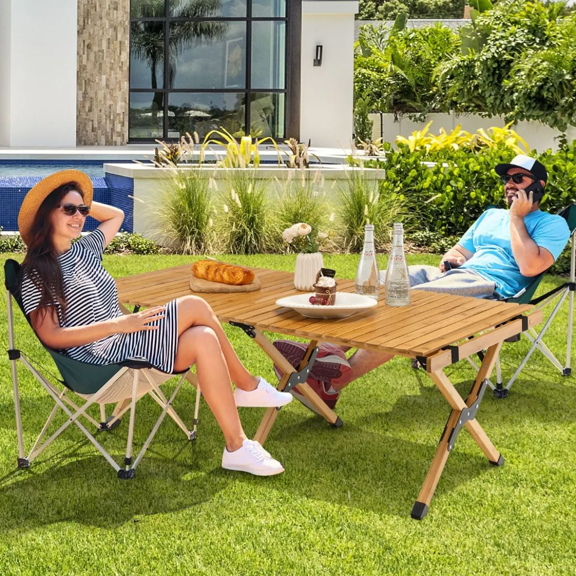 Campingtisch Klappbarer Picknicktisch mit Tragetasche Aufrollbarer Bambustisch 122 x 60 x 43,5 cm Natur