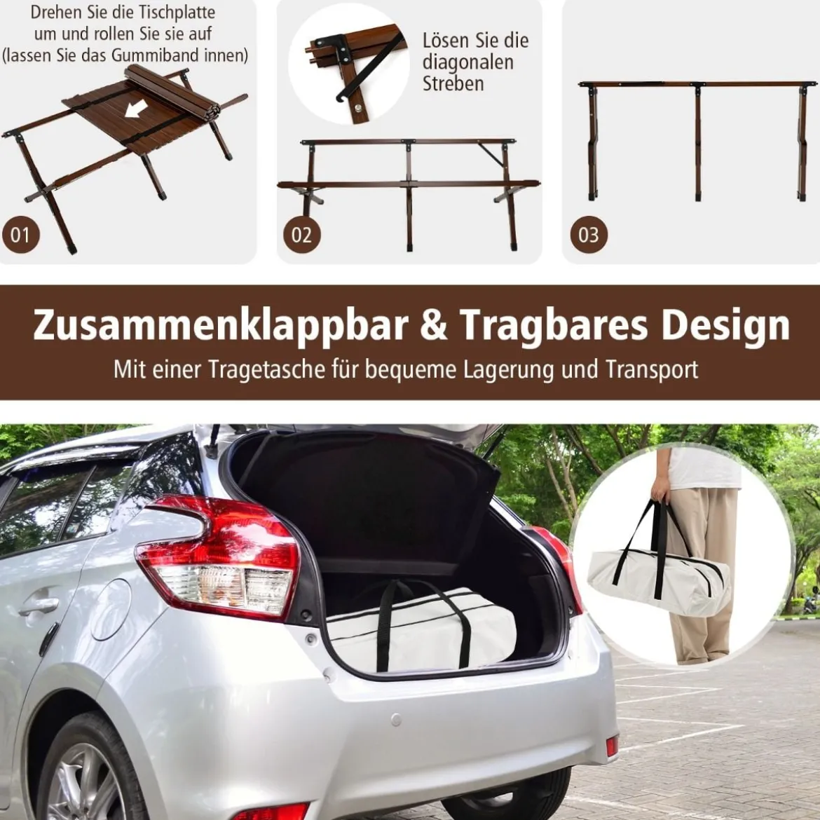 Campingtisch Klappbarer Picknicktisch mit Tragetasche Aufrollbarer Bambustisch 122 x 60 x 43,5 cm Kaffee