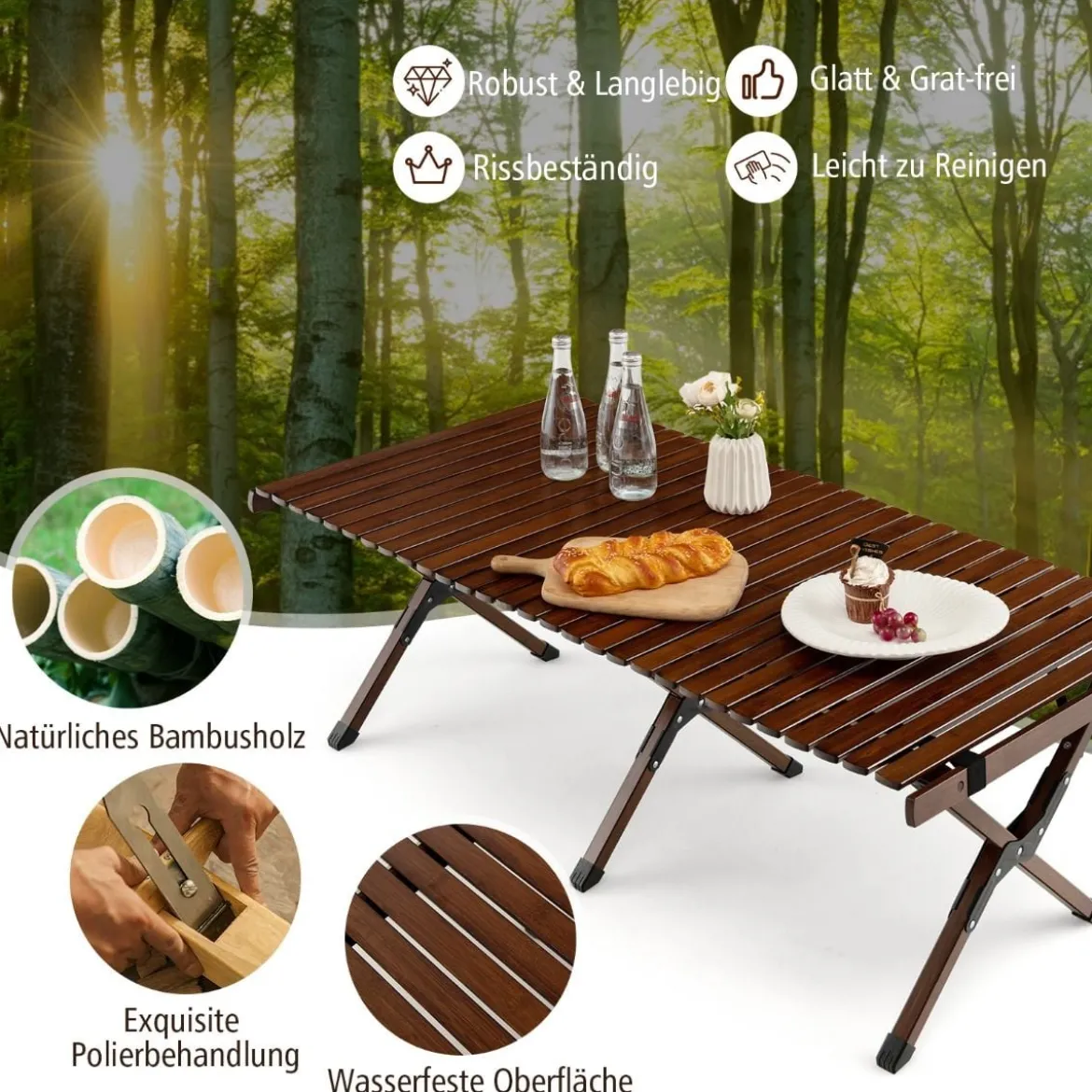 Campingtisch Klappbarer Picknicktisch mit Tragetasche Aufrollbarer Bambustisch 122 x 60 x 43,5 cm Kaffee