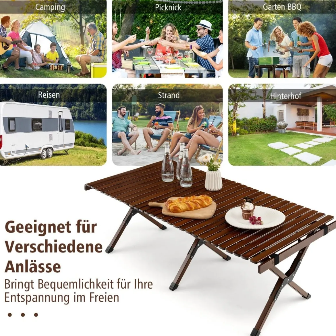 Campingtisch Klappbarer Picknicktisch mit Tragetasche Aufrollbarer Bambustisch 122 x 60 x 43,5 cm Kaffee