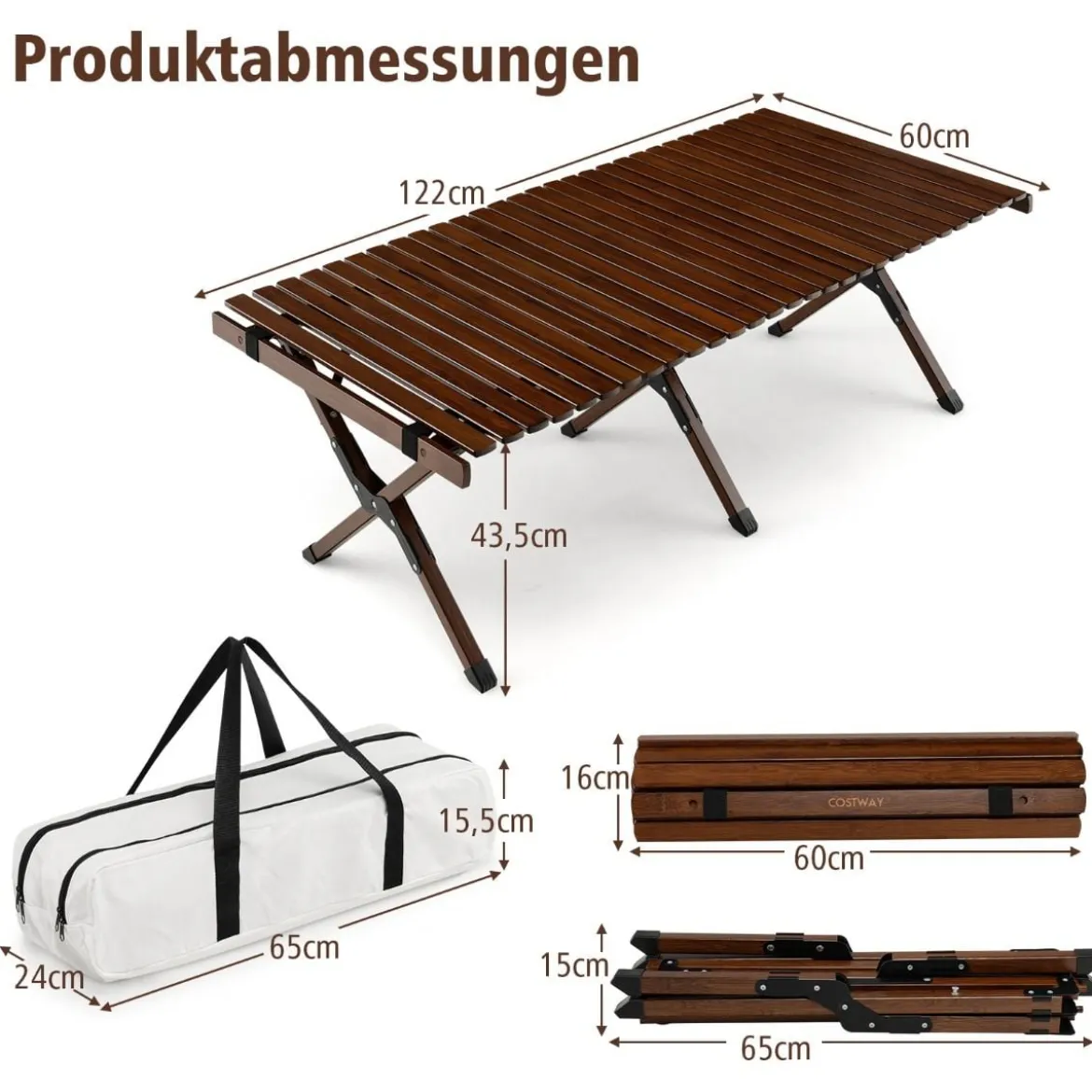 Campingtisch Klappbarer Picknicktisch mit Tragetasche Aufrollbarer Bambustisch 122 x 60 x 43,5 cm Kaffee