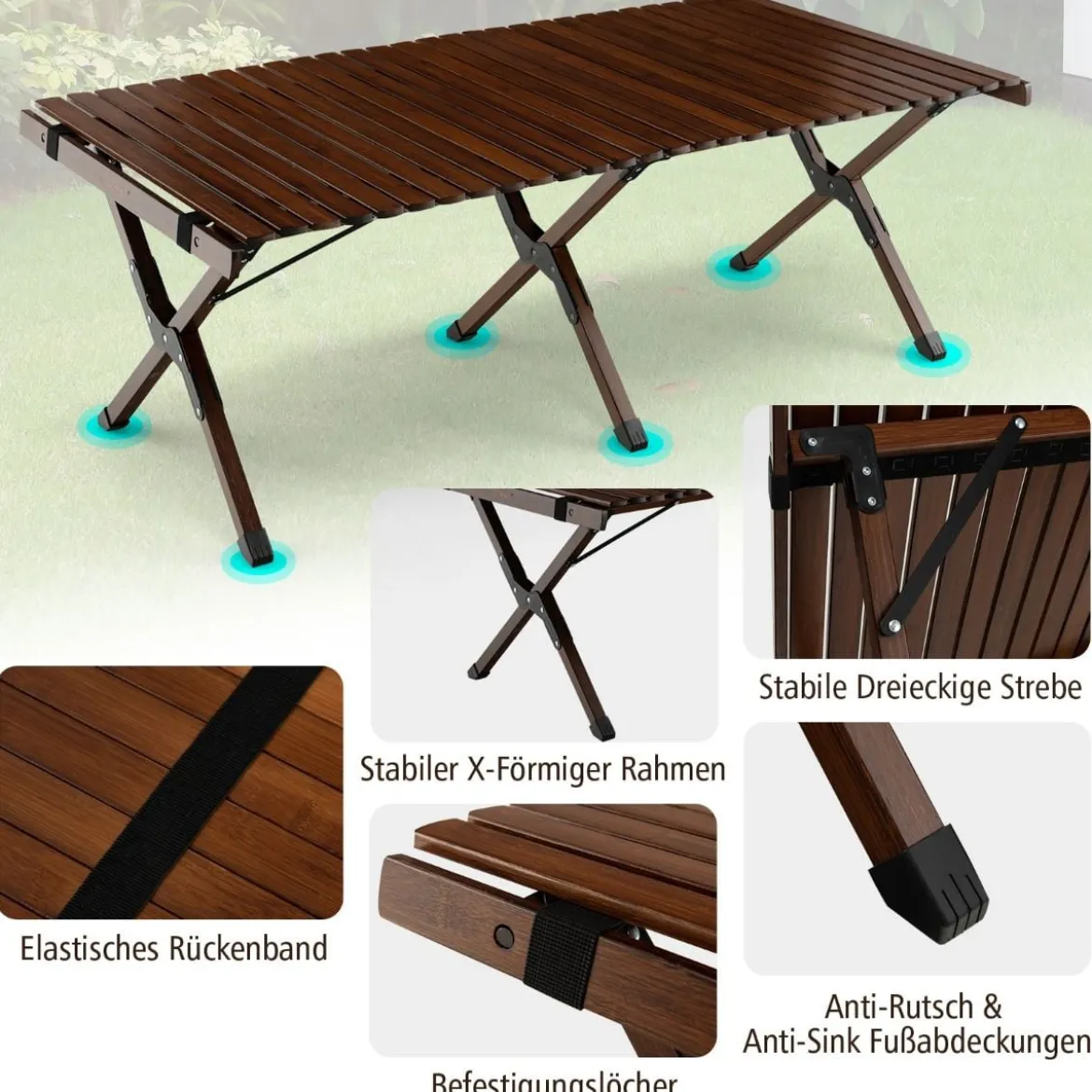 Campingtisch Klappbarer Picknicktisch mit Tragetasche Aufrollbarer Bambustisch 122 x 60 x 43,5 cm Kaffee