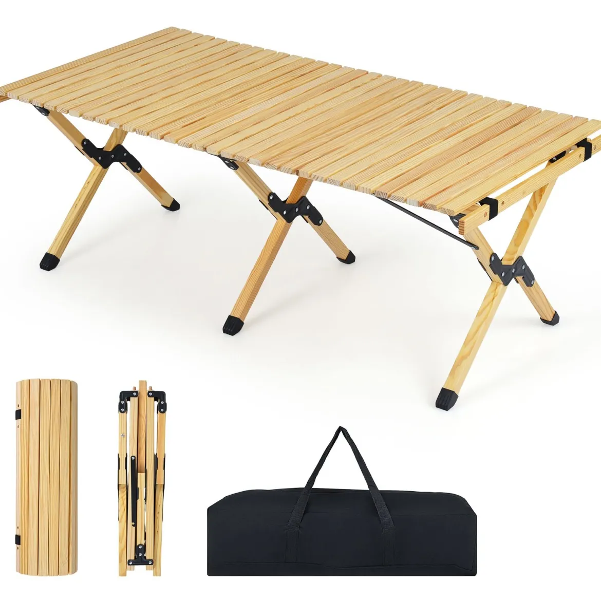 Campingtisch Klappbar Picknicktisch aus Holz mit Aufrollbarer Tischplatte Tragbarer Klapptisch Kaffee/Natur
