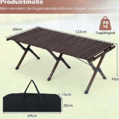 Campingtisch Klappbar Picknicktisch aus Holz mit Aufrollbarer Tischplatte Tragbarer Klapptisch Kaffee/Natur